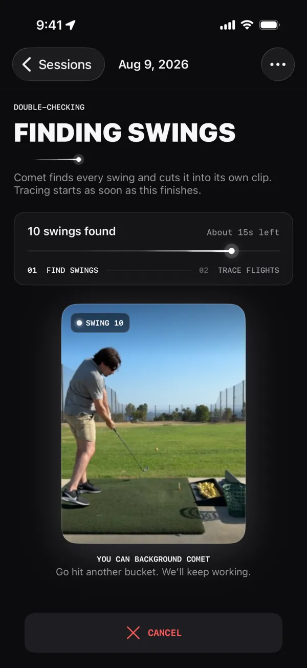 Comet finding swings in a video, showing 10 swings found